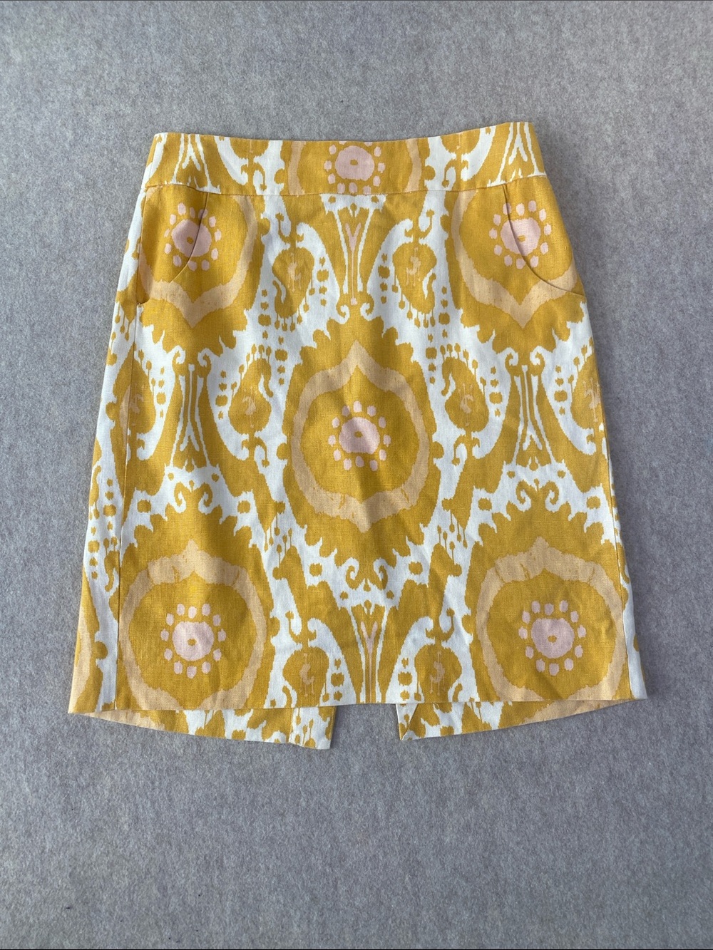 J Crew 100% Linen Yellow Ikat Print Skirt - Size 8